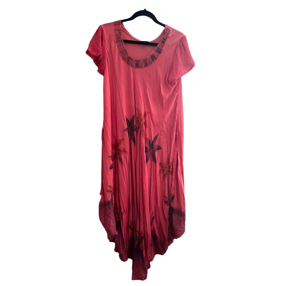 Sakkas Embroider Maxi OS Dress Coverup Pink Floral Boho One Size Flowy Tie #2370